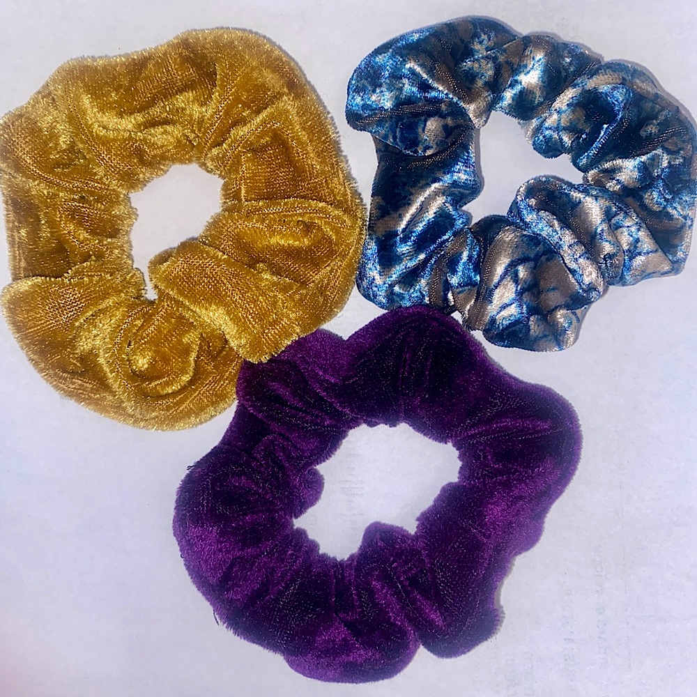 NEW 3 Pack of Velour Scrunchies Purple Gold & Blue Snakeskin